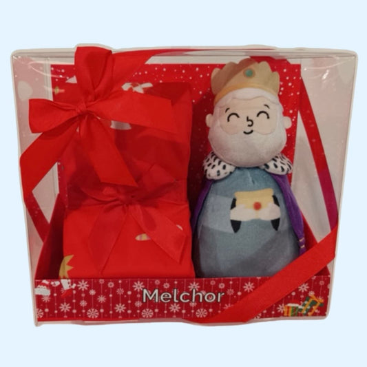 Peluche Rey Mago Melchor con Manta de Navidad Bordada