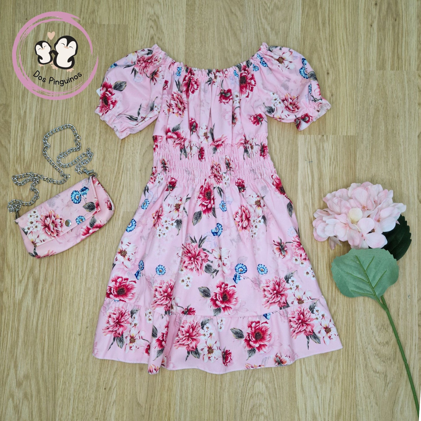 Vestido Niña Floral Rosa + Bolso