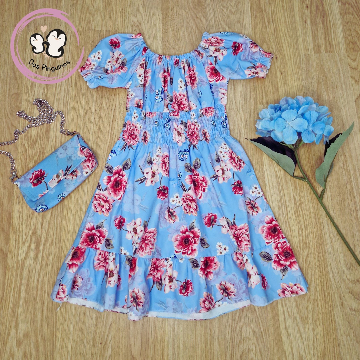 Vestido Niña Floral Azul + Bolso