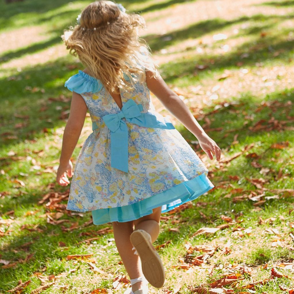 Vestido Niña Azul Turquesa Con Flores