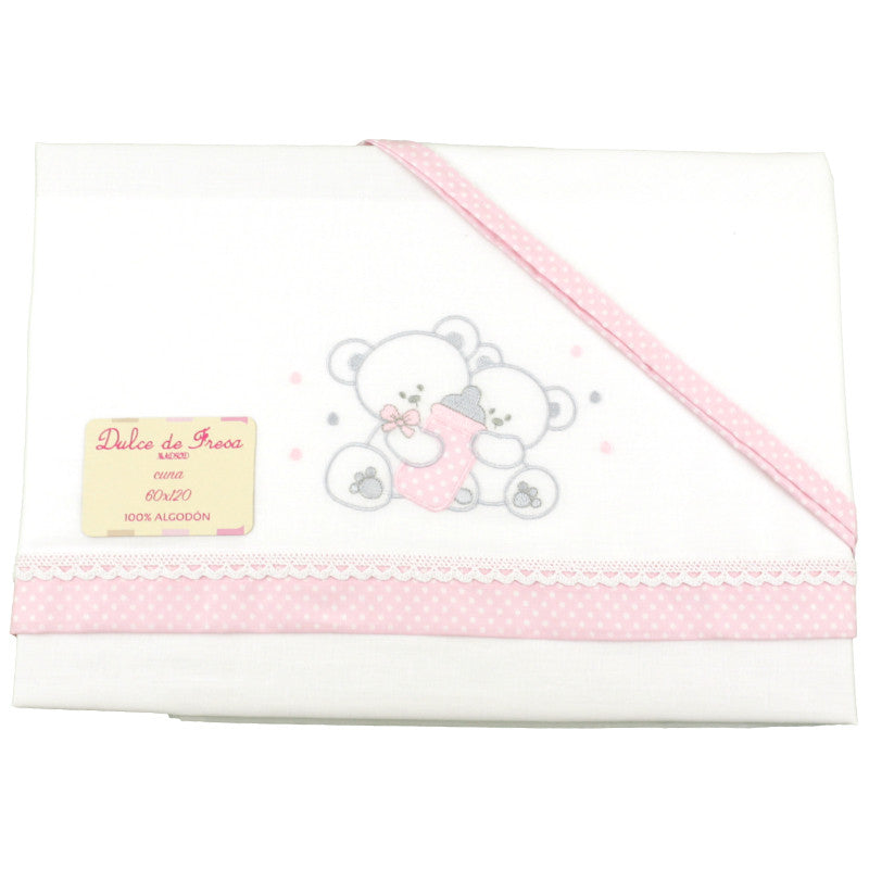 Sabana Cuna con Ositos Rosa  Bordada (alhmoada)