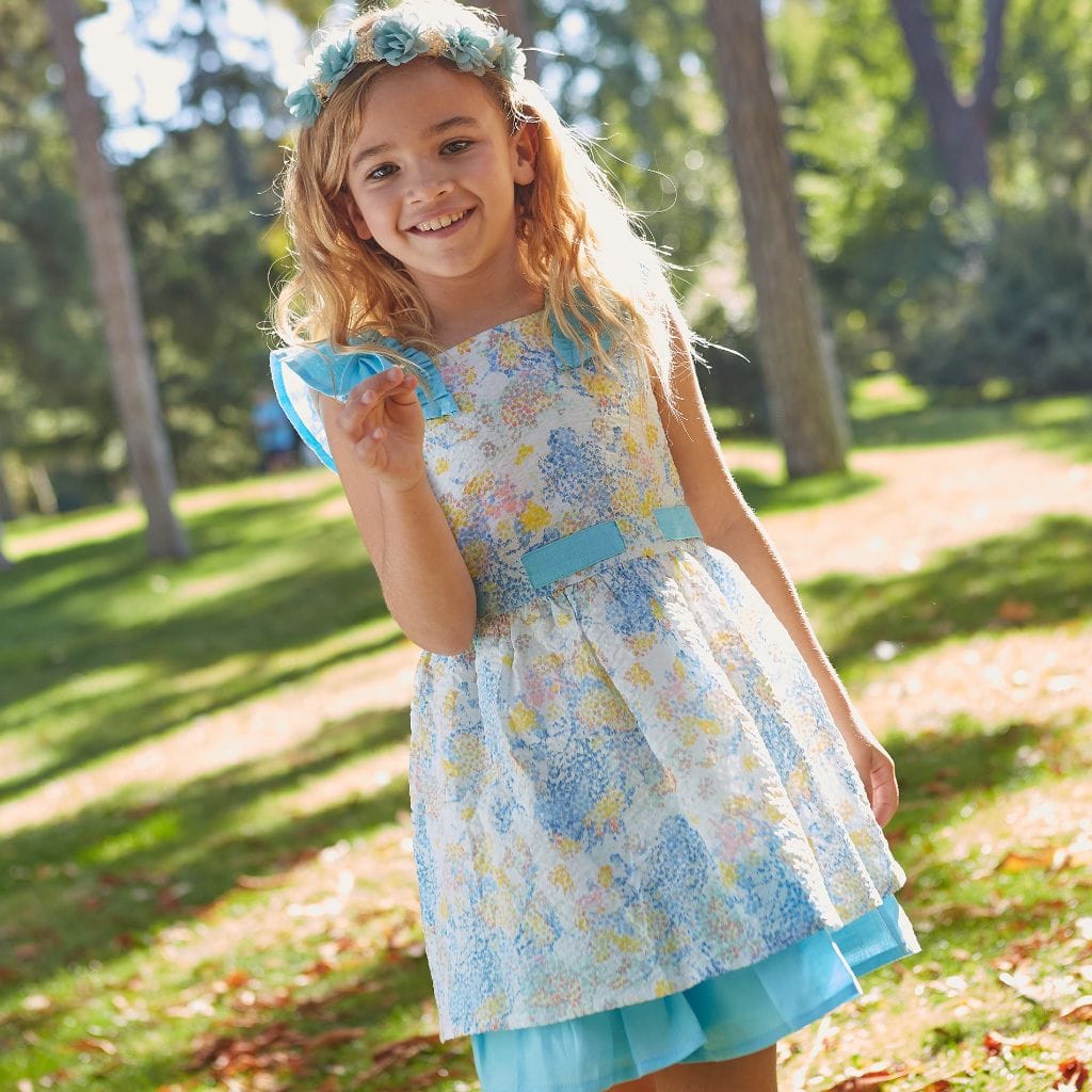 Vestido Niña Azul Turquesa Con Flores