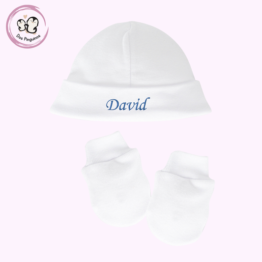 Pack Natal Blanco Calamaro Gorrito y Manopla  Bordado Personalizado